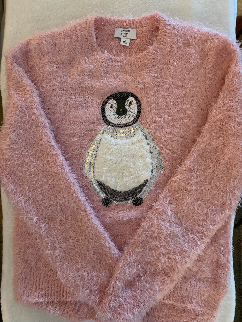 crown & ivy Pink Fuzzy Penguin Sequin Pullover